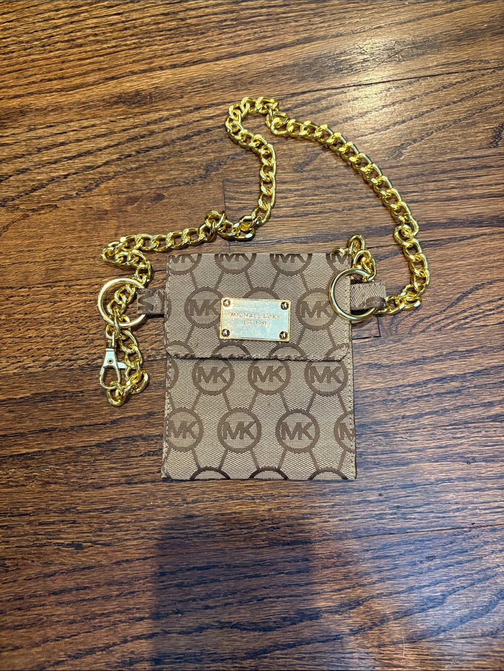 Michael Kors Beige and Brown MK Logo Chain pouch.